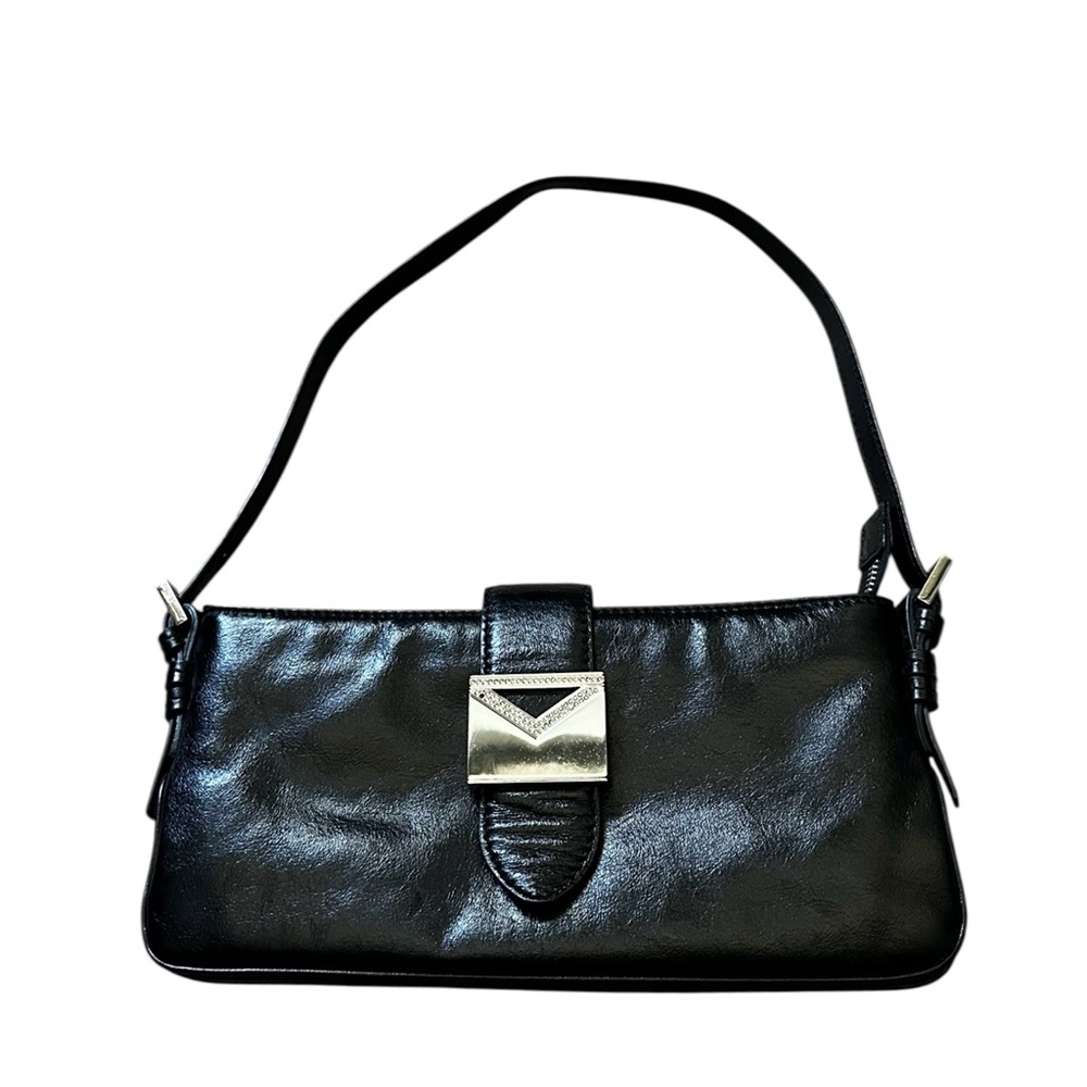 Vintage Via Spiga Black Leather Shoulder Bag Convertible Clutch 90s Y2K
